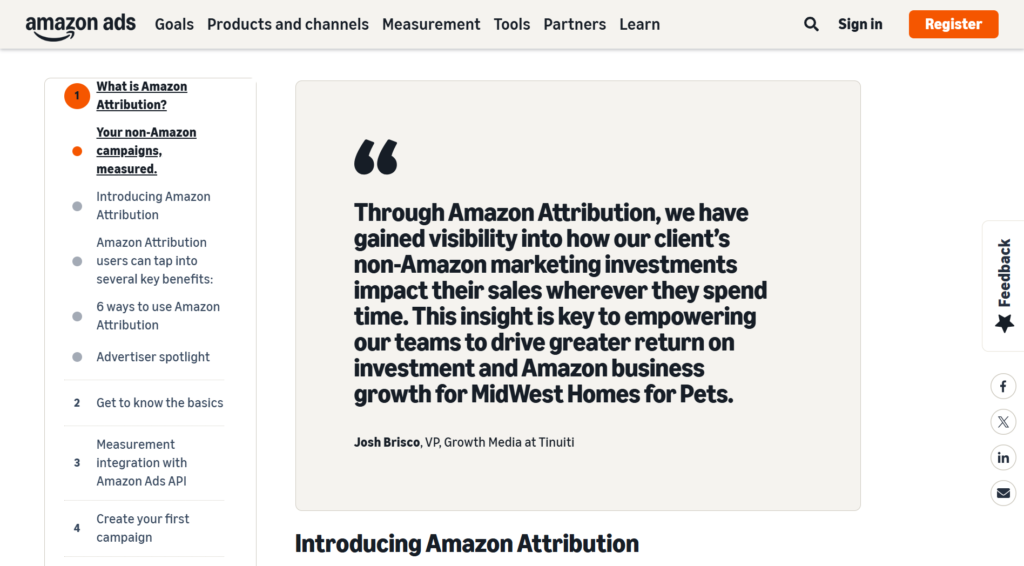Amazon Ads guide page showing a quote from Josh Brisco, VP of Growth Media at Tinuiti, about using Amazon Attribution to measure MidWest Homes for Pets' non-Amazon marketing investments