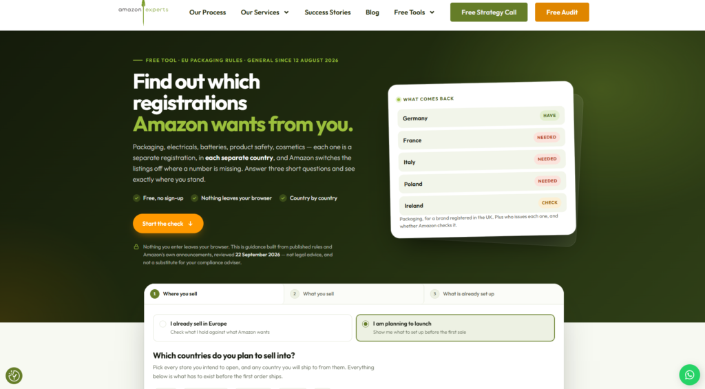 Free EU packaging registration checker by Amazon Experts showing which countries need EPR registration for Amazon sellers