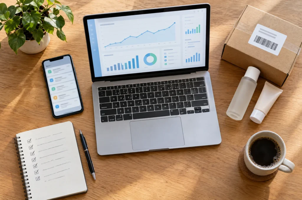 A desk with a sales dashboard on a laptop, order notifications on a phone, a labelled shipping box, product samples and a ticked checklist