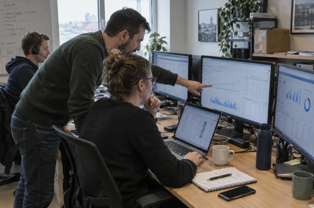 An account manager points at a sales chart on a colleague's monitor while a teammate takes a call in the background