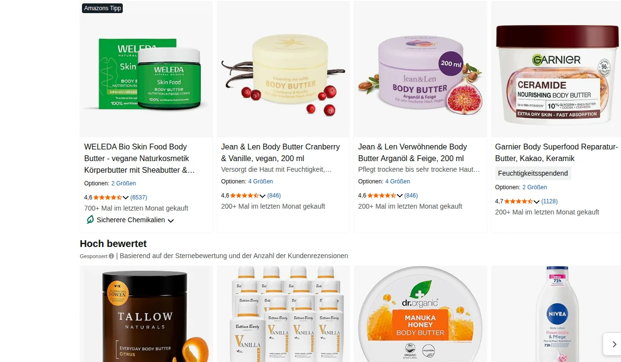 Page one of Amazon.de for “body butter”: Weleda, Jean & Len and Garnier