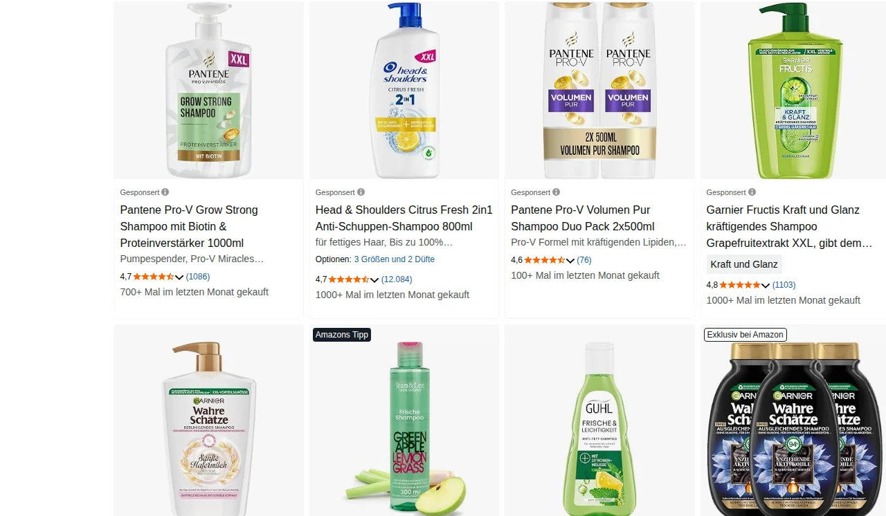 Page one of Amazon.de for “shampoo fettiges haar”: Pantene, Head & Shoulders and Garnier