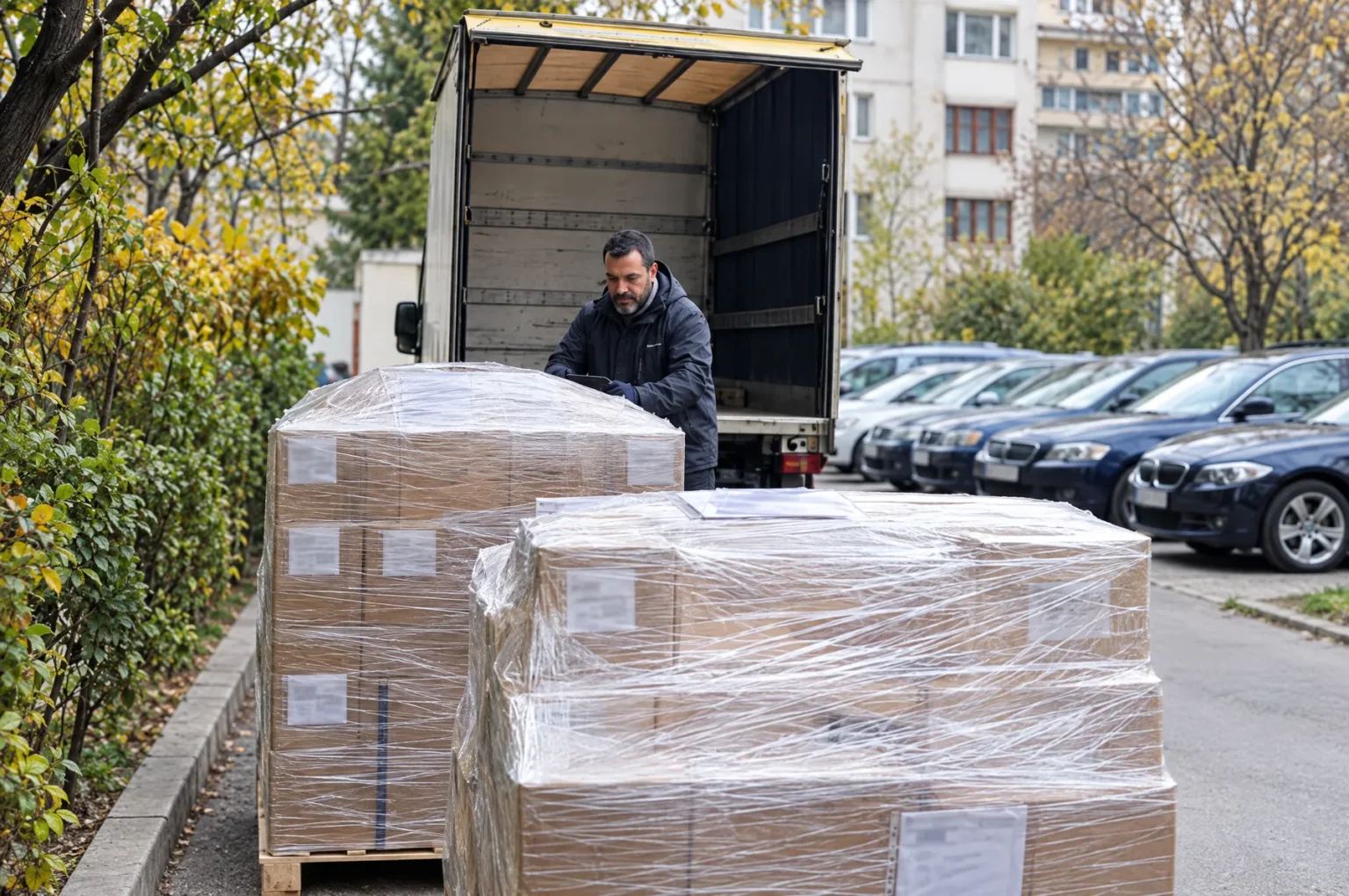 Our team loading wrapped pallets of client stock onto a truck for Amazon FBA