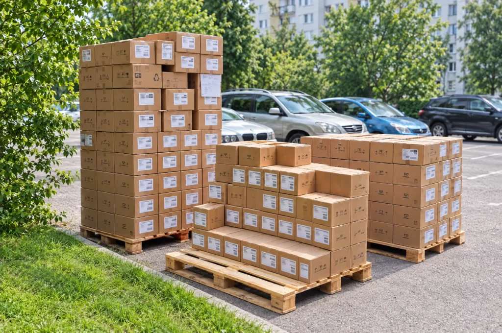Labelled cartons stacked on pallets, ready for collection and shipping to Amazon