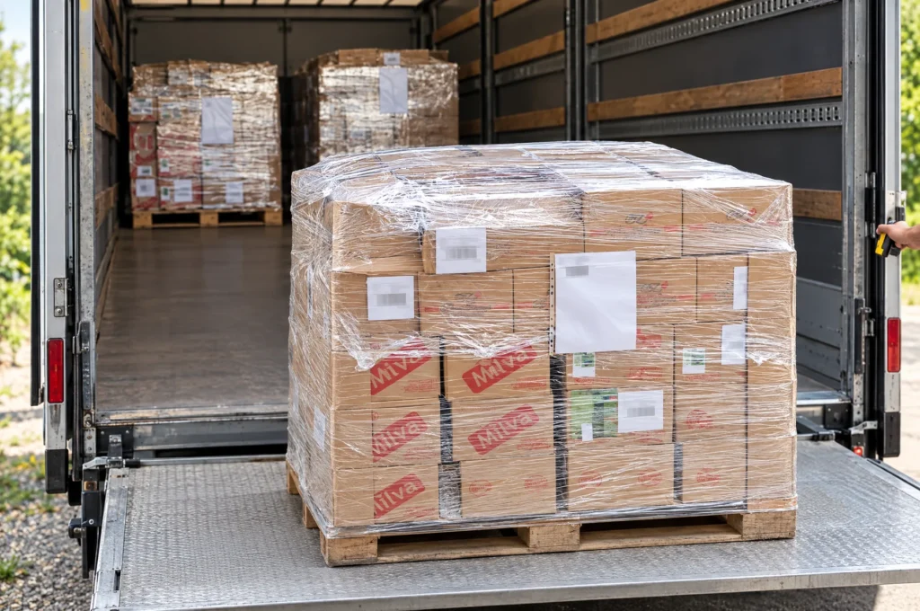 A wrapped pallet of Milva cartons on a truck tail lift, on its way to an Amazon warehouse