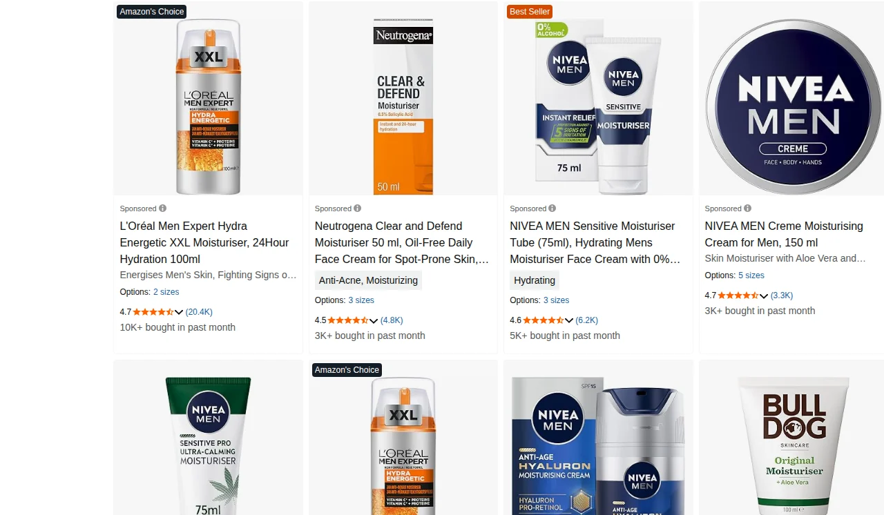 Page one of Amazon.co.uk for “mens face cream”: L’Oréal, Neutrogena, NIVEA and Bulldog