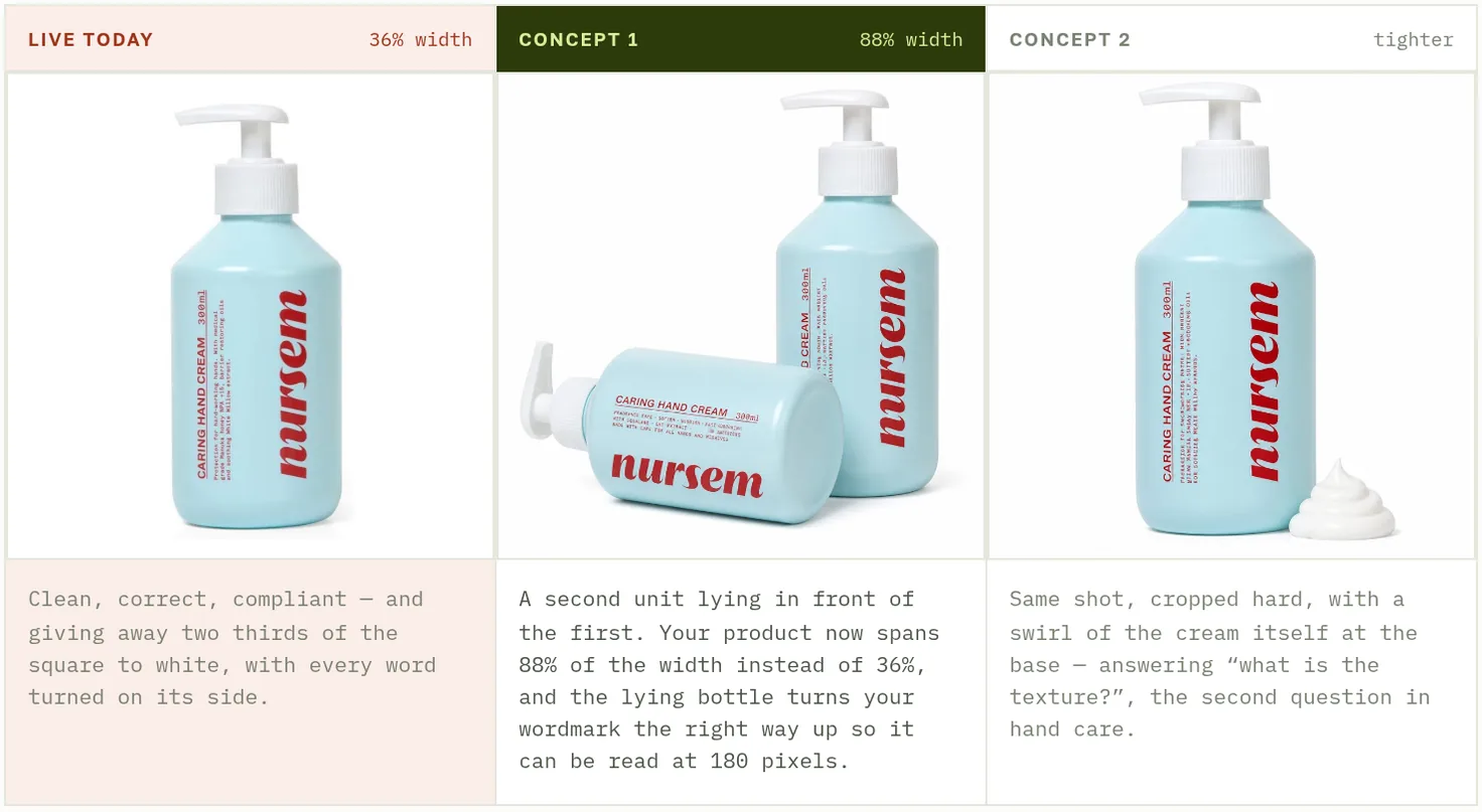 Nursem main image today next to two compliant concepts, Amazon.co.uk