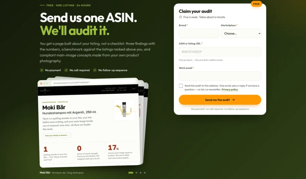 The Amazon Experts free listing audit page: send us one ASIN, we will audit it