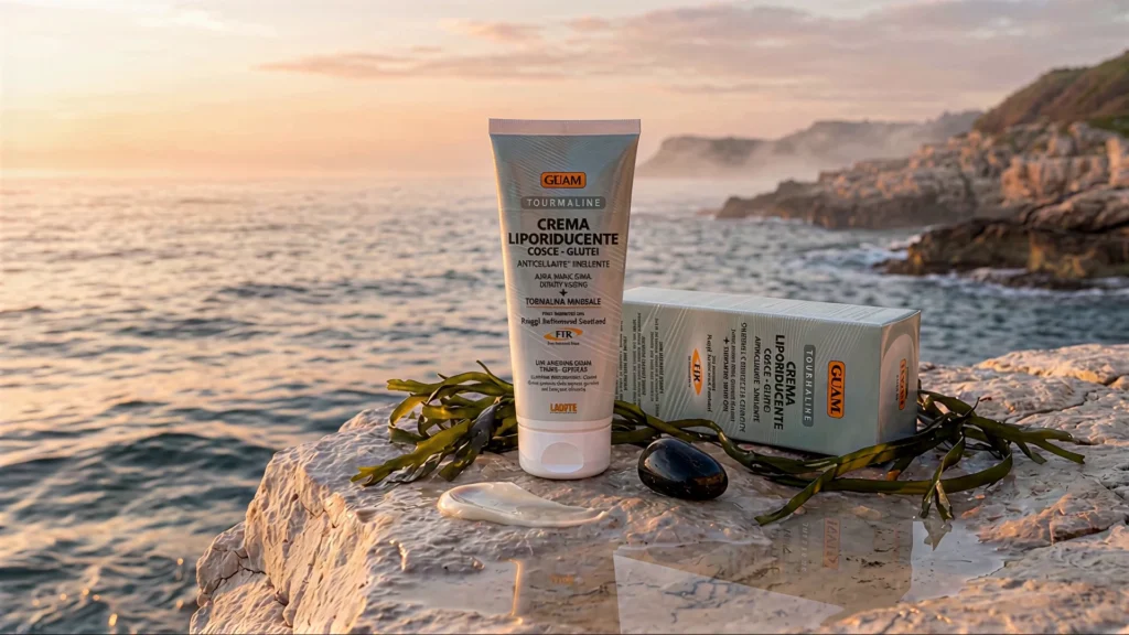 GUAM FIR lipo-reducing cream and its box on a sea rock at sunset