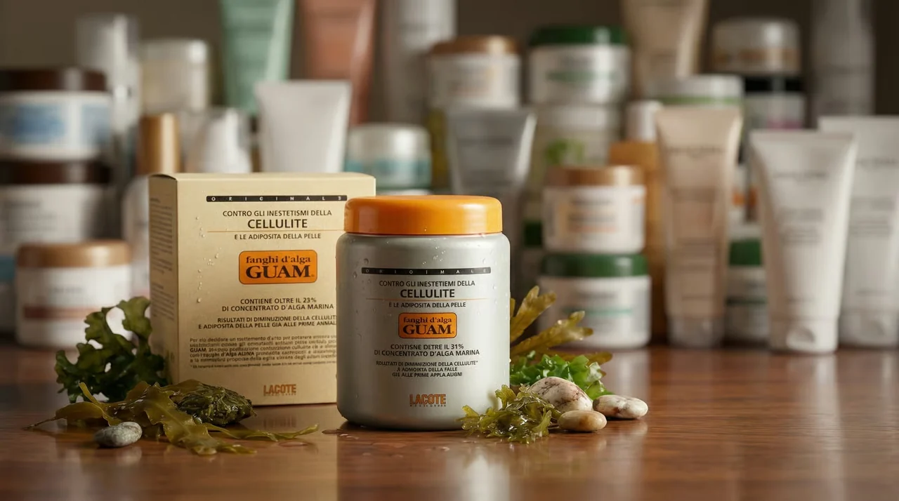A GUAM seaweed mud jar standing out in front of rows of mass-market body creams