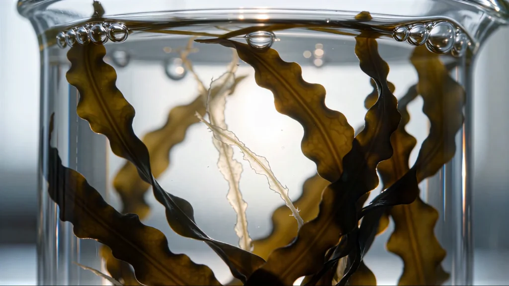 Brown seaweed in a glass vessel in a laboratory