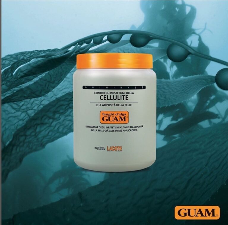 A jar of GUAM Fanghi d'Alga seaweed mud under the sea among seaweed