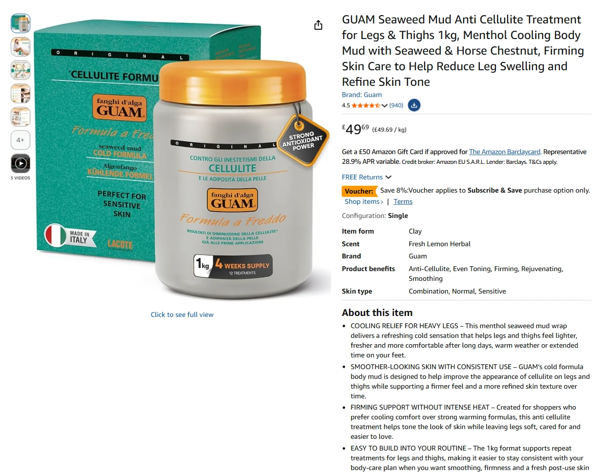 GUAM cold seaweed mud 1 kg listing live on Amazon.co.uk, September 2026