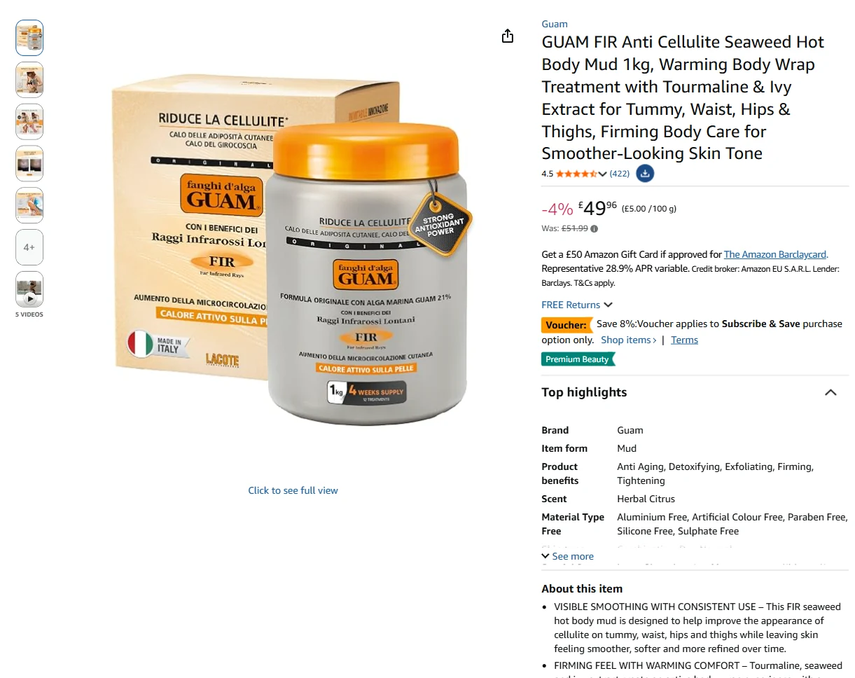 GUAM FIR hot seaweed mud 1 kg listing live on Amazon.co.uk, September 2026