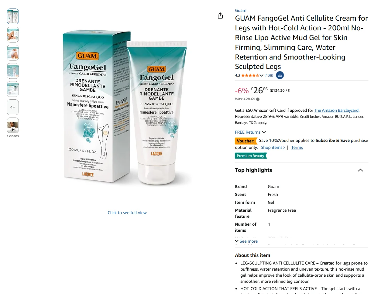 GUAM FangoGel leg gel listing live on Amazon.co.uk, September 2026