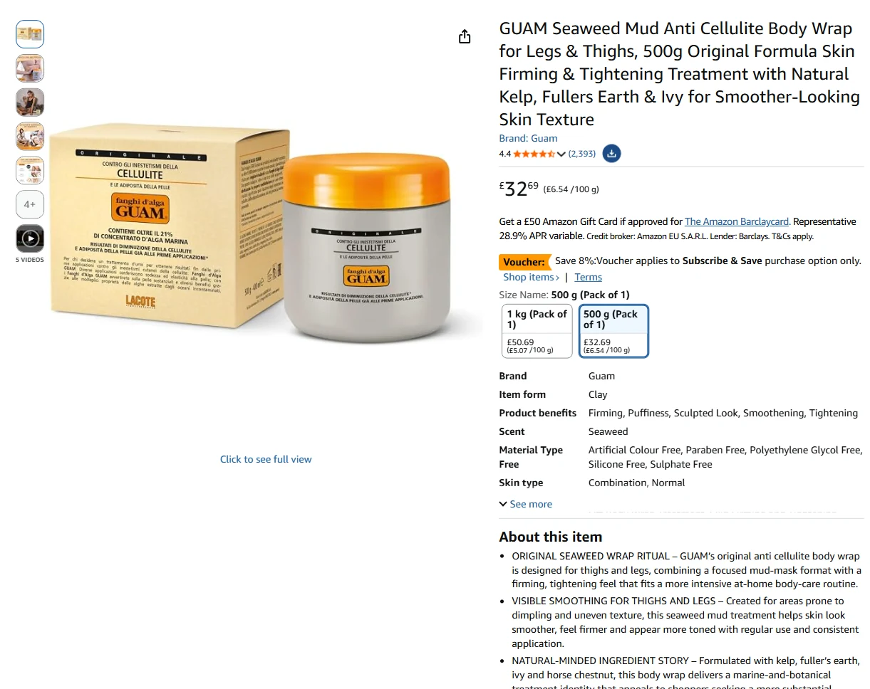 GUAM original seaweed mud 500 g listing live on Amazon.co.uk, September 2026