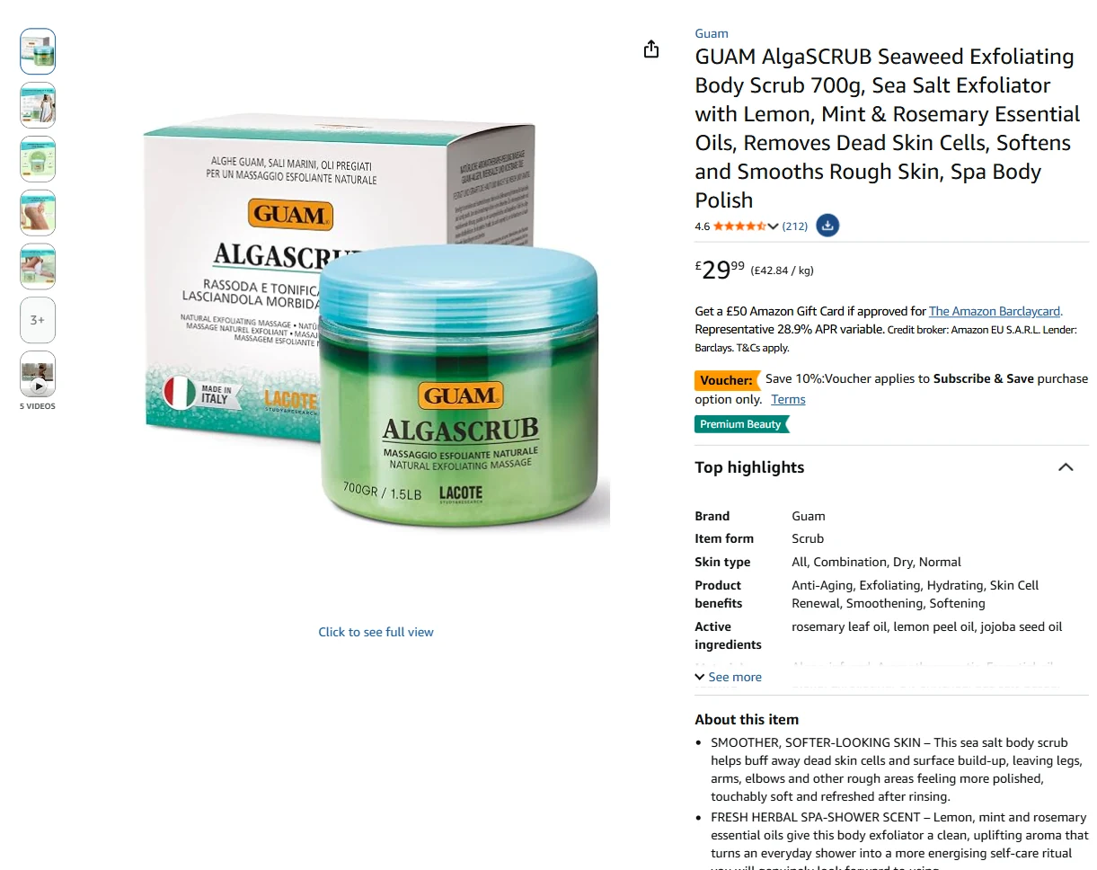 GUAM AlgaSCRUB body scrub listing live on Amazon.co.uk, September 2026