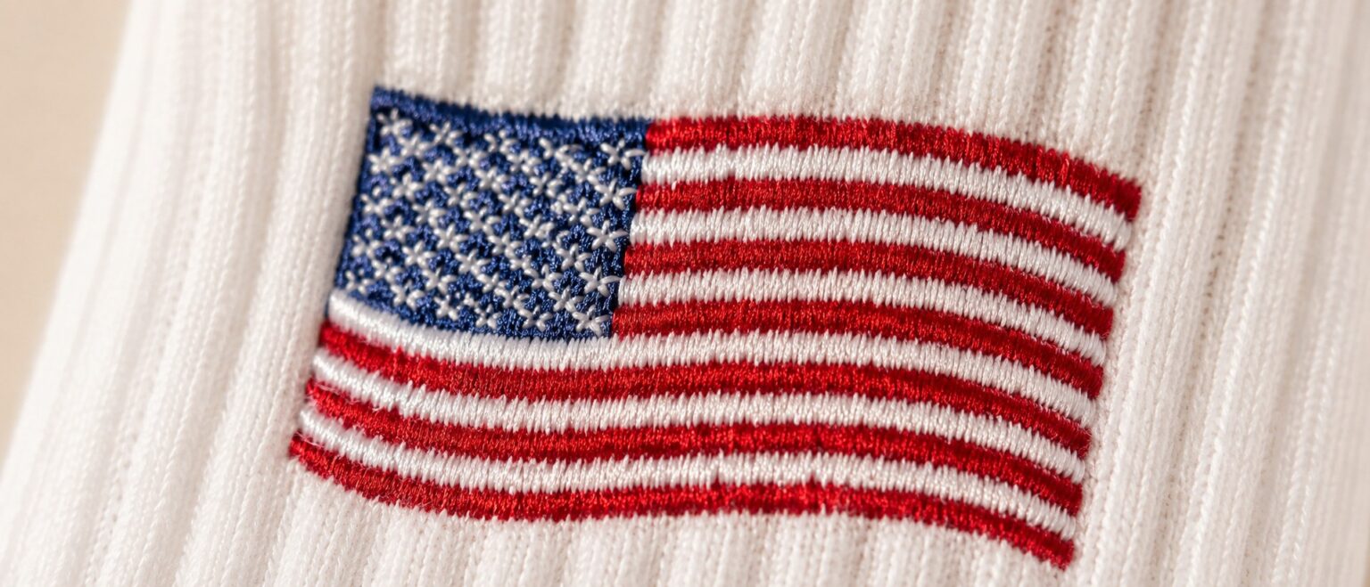 Close-up of the embroidered American flag on LISAMAREE American Sweetheart grip socks