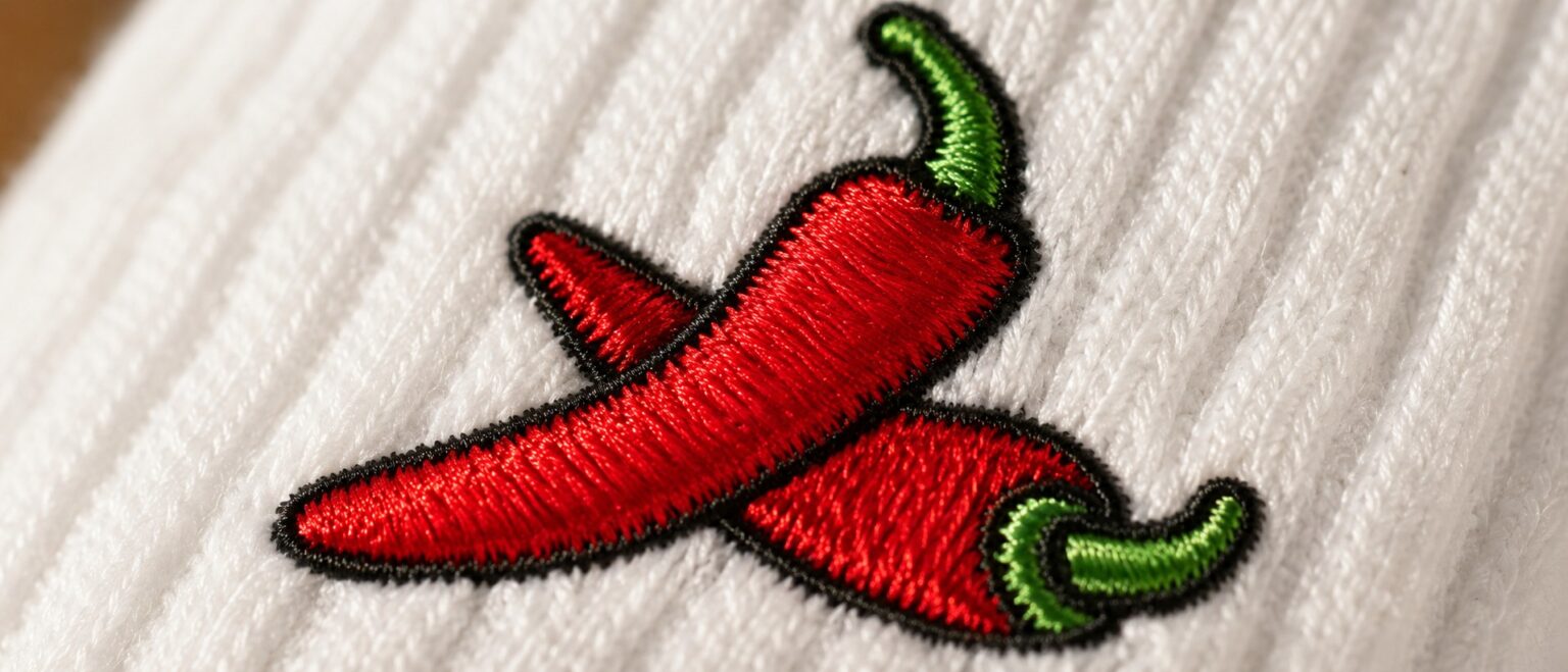 Close-up of the embroidered chilli on LISAMAREE I Like It Spicy! grip socks