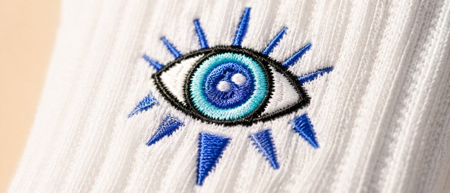 Close-up of the embroidered evil eye on LISAMAREE Evil Eye grip socks