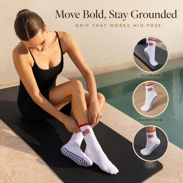Move bold, stay grounded: American Sweetheart grip socks on reformer, hardwood and mat