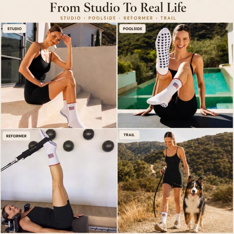 From studio to real life: American Sweetheart grip socks in the studio, by the pool, on the reformer and on the trail