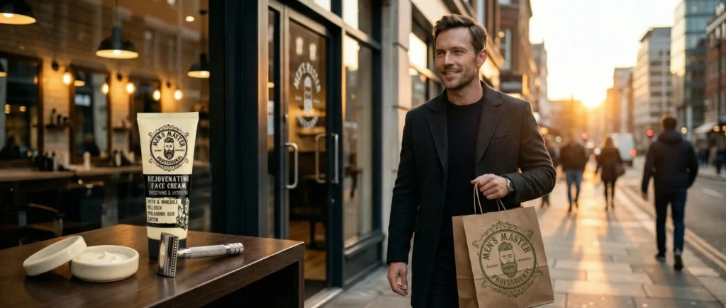 Men's Master face cream on a barber counter, and a man in a city street with a Men's Master bag