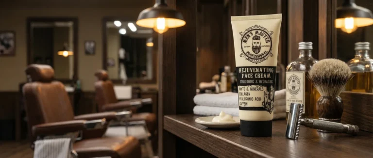 Men's Master Rejuvenating Face Cream on a barbershop counter