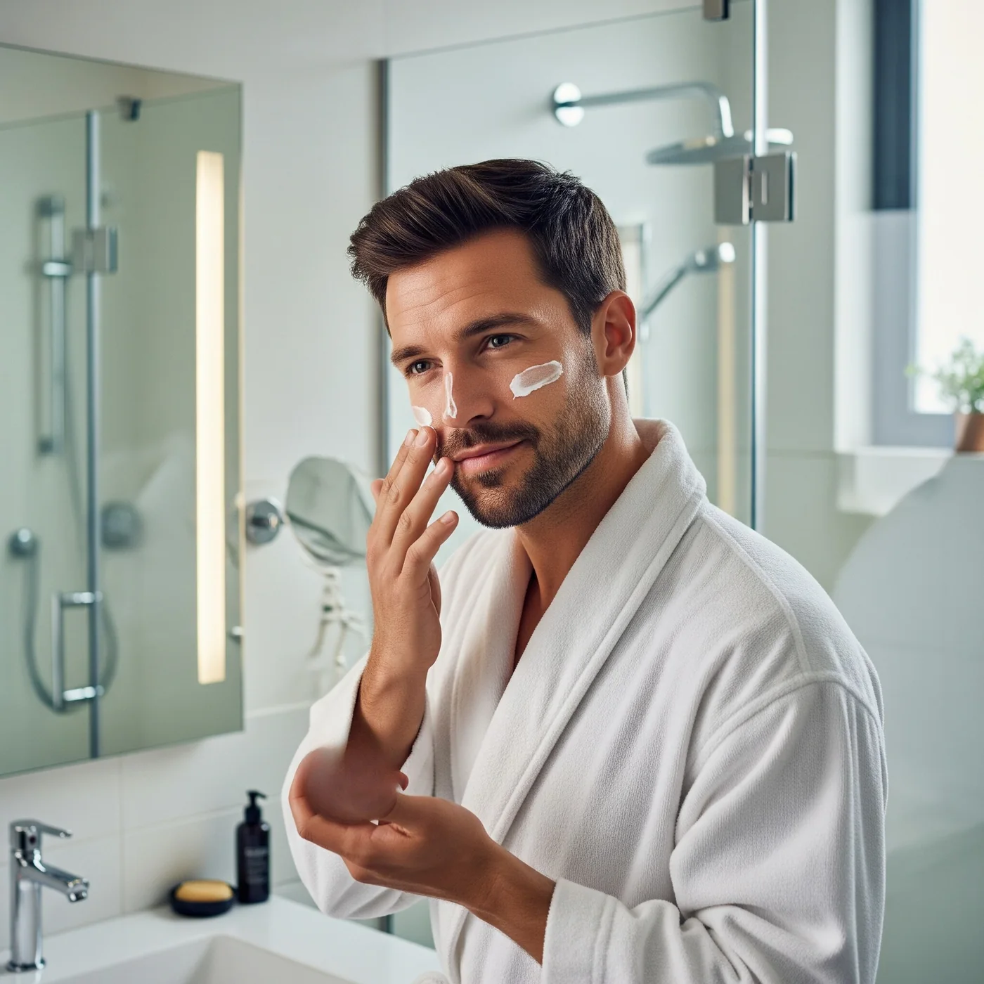 A man in a bathrobe applying Men's Master face cream