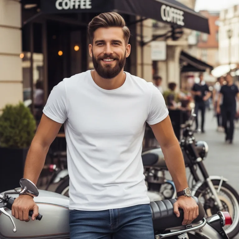 A smiling bearded man next to a motorcycle