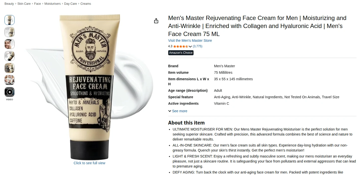 The Men's Master Rejuvenating Face Cream listing on Amazon.co.uk, September 2026