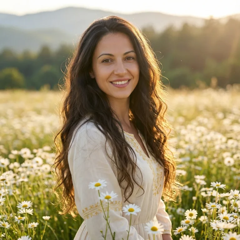 A smiling woman in a chamomile meadow at sunset