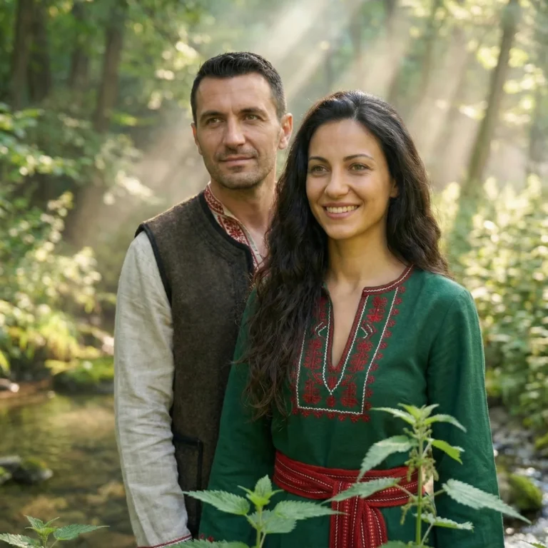A couple in traditional Bulgarian dress in a sunlit forest with wild nettle