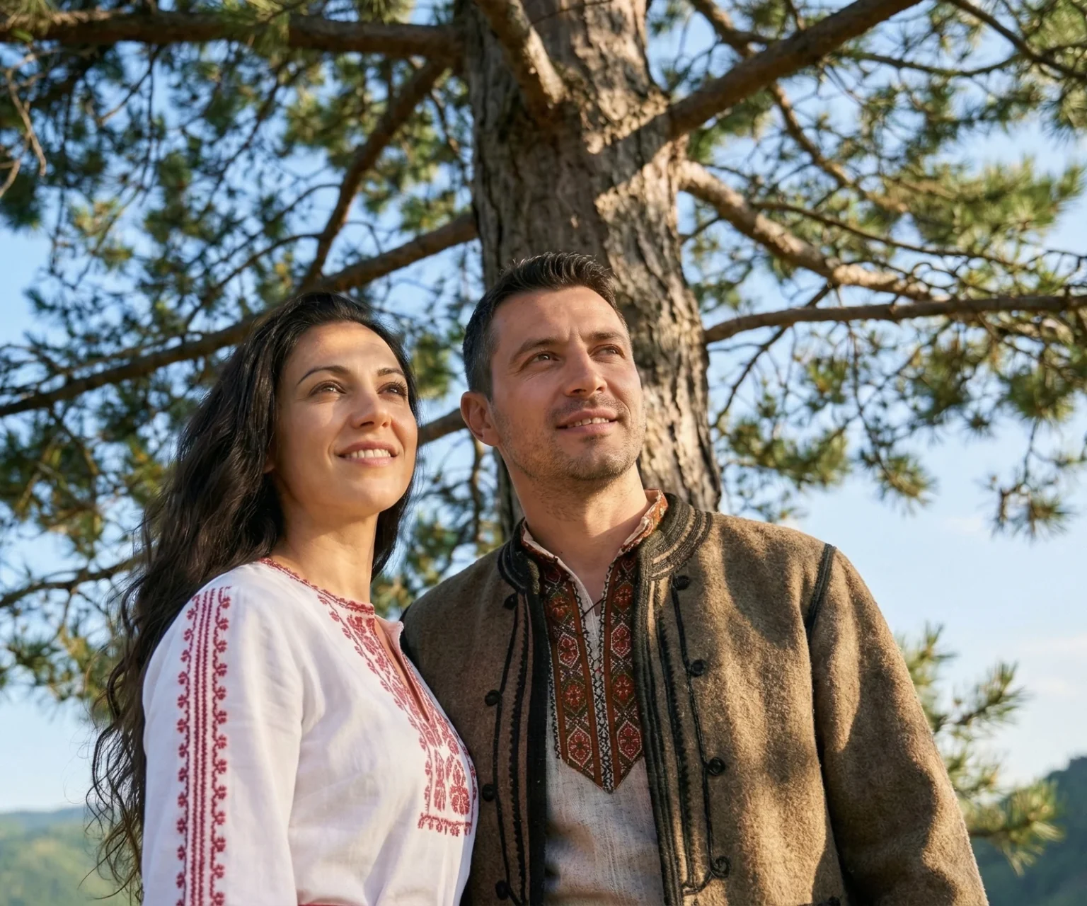 A couple in Bulgarian embroidered shirts under a pine tree in the Rhodope mountains, from the Milva Brand Story