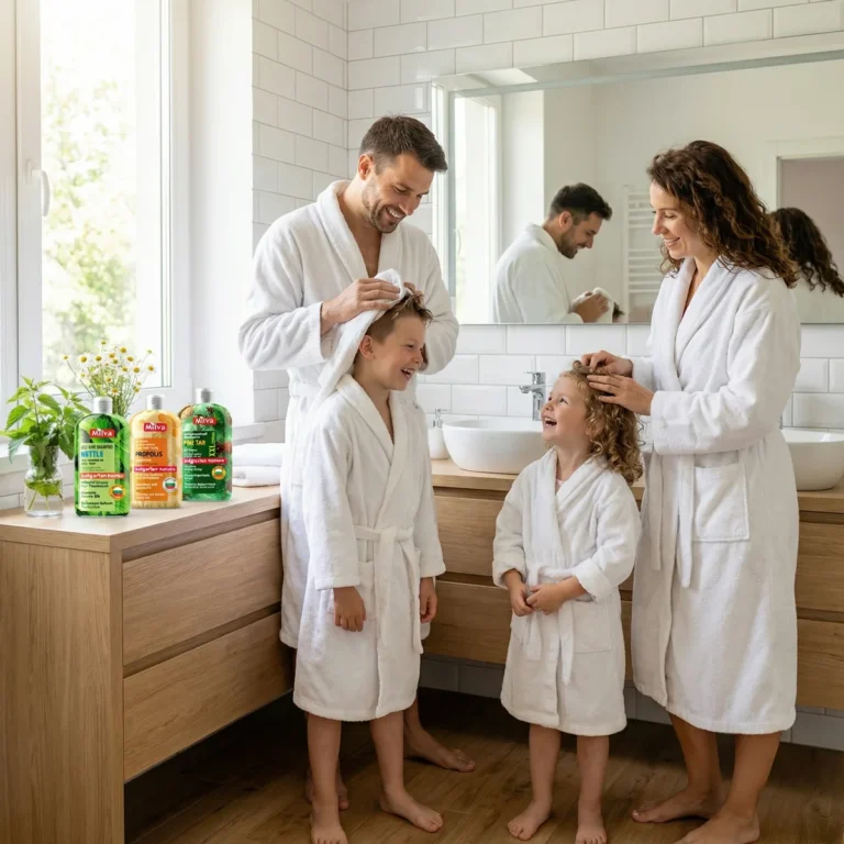 Parents washing their children's hair with Milva shampoo in a family bathroom