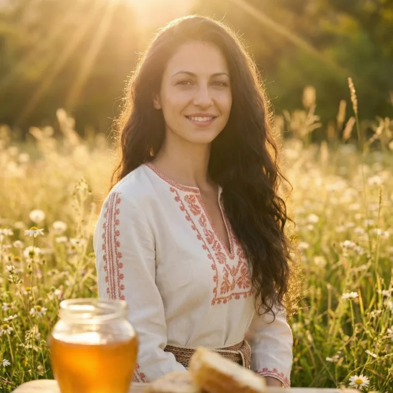 A woman in an embroidered blouse in a sunlit meadow with a jar of honey