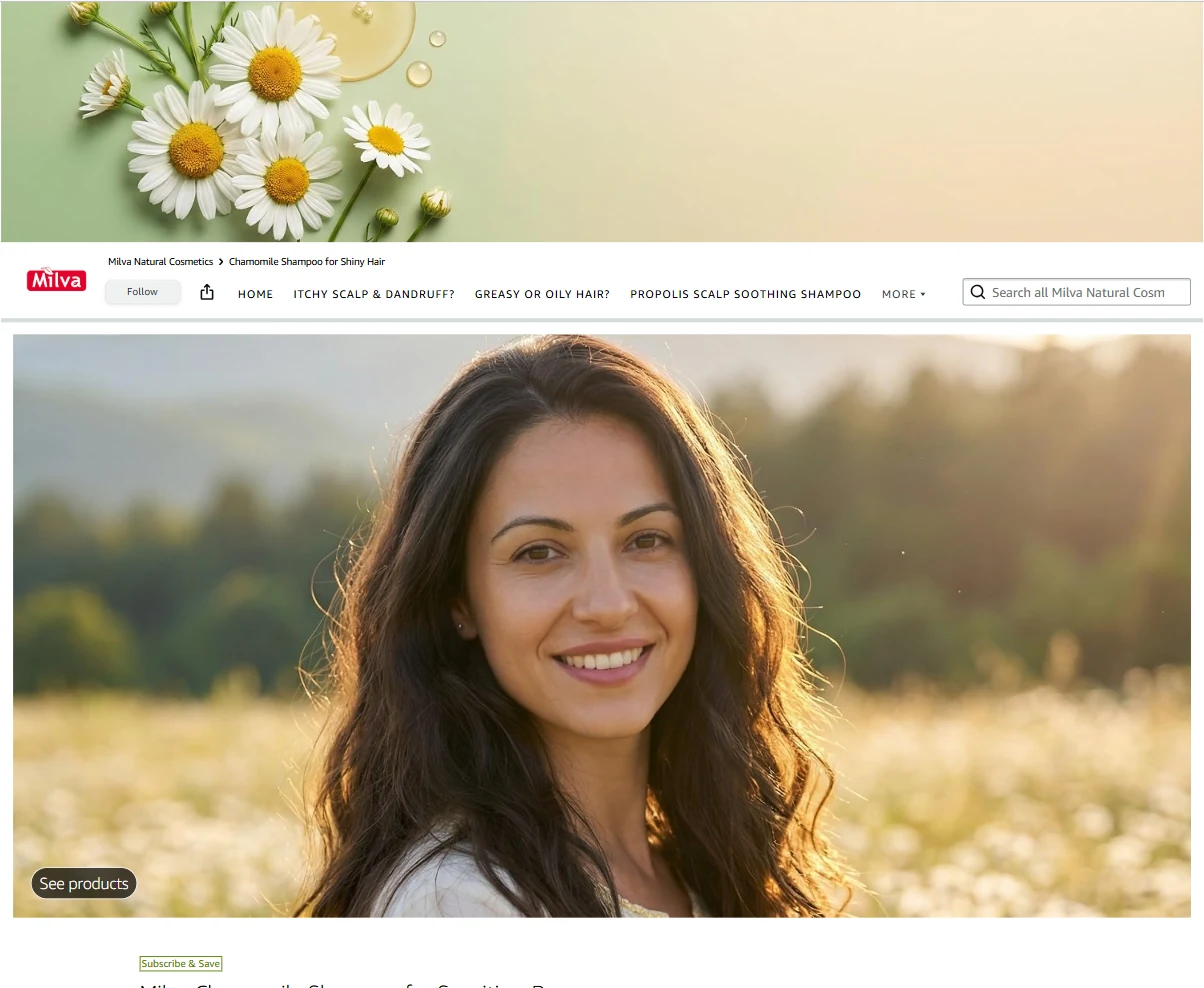 The Chamomile shampoo page of the Milva Brand Store on Amazon.co.uk