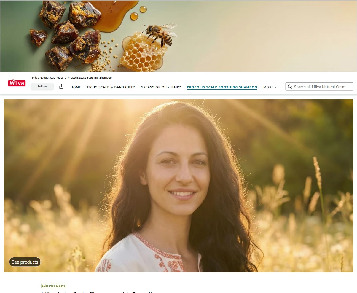 The Propolis scalp soothing shampoo page of the Milva Brand Store on Amazon.co.uk