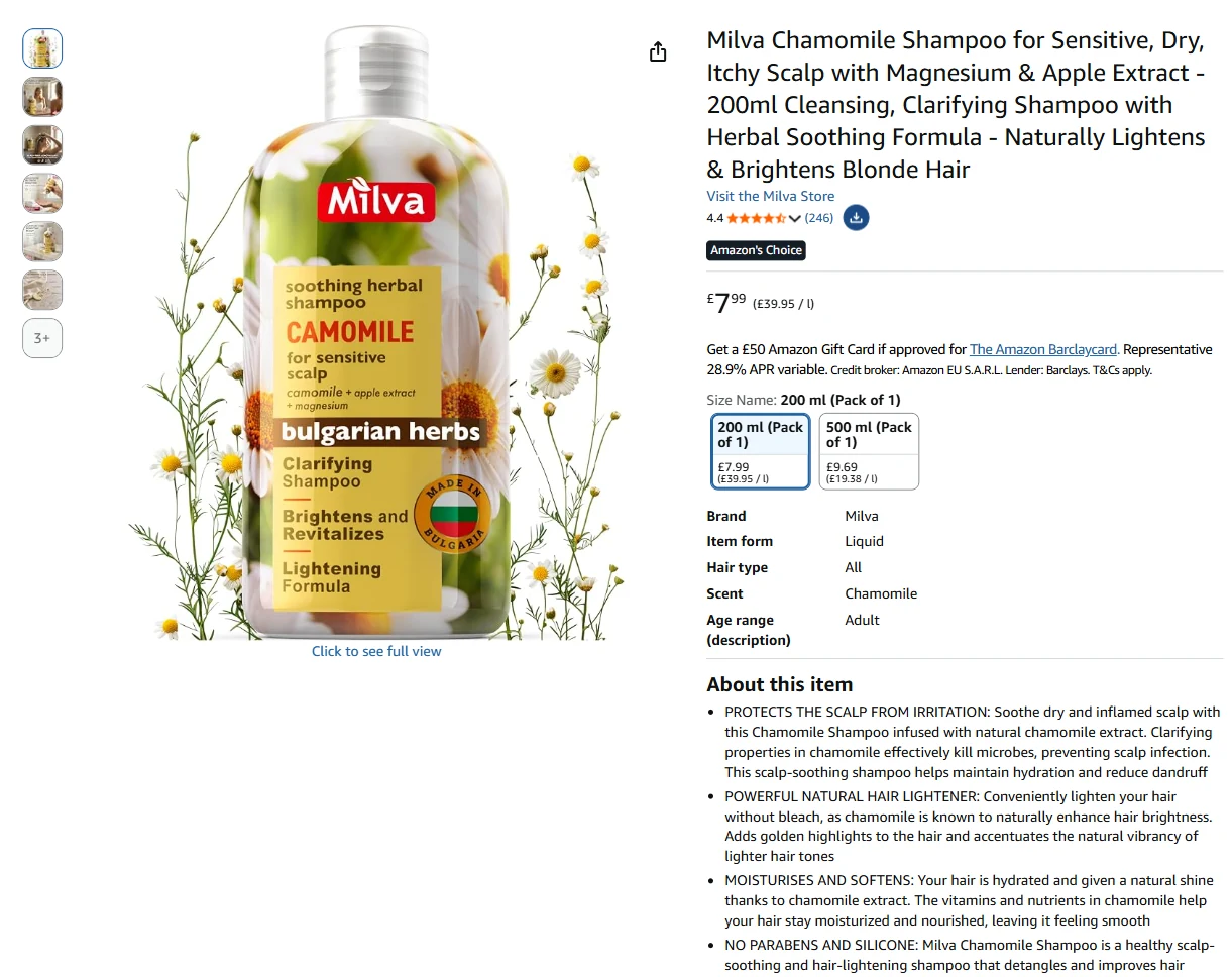 Milva Chamomile Shampoo listing live on Amazon.co.uk, September 2026