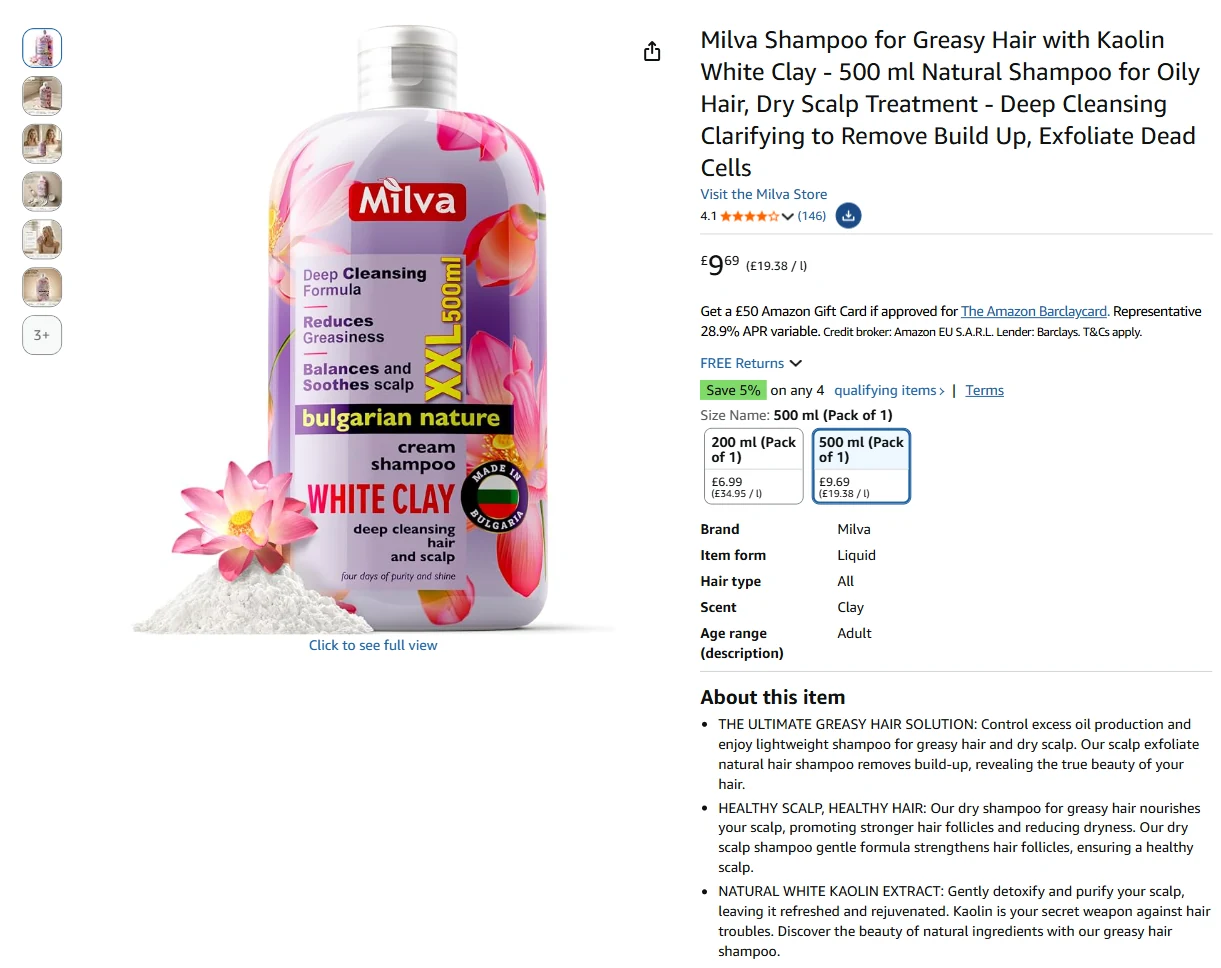 Milva White Clay Shampoo listing live on Amazon.co.uk, September 2026