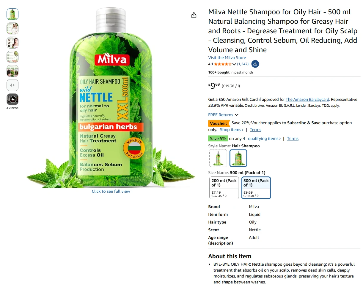 Milva Nettle Shampoo listing live on Amazon.co.uk, September 2026