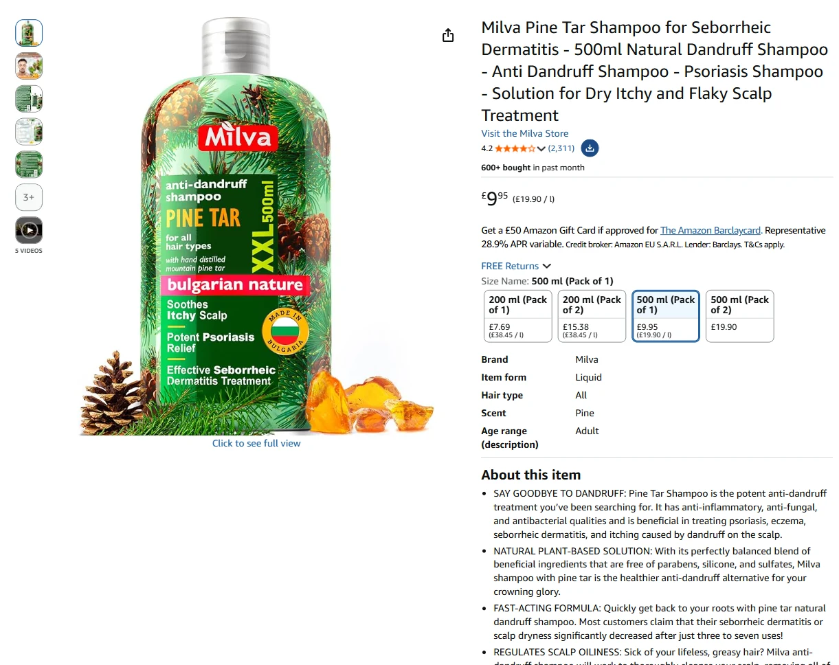 Milva Pine Tar Shampoo listing live on Amazon.co.uk, September 2026