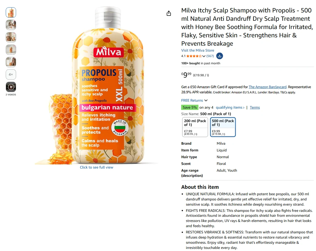 Milva Propolis Shampoo listing live on Amazon.co.uk, September 2026