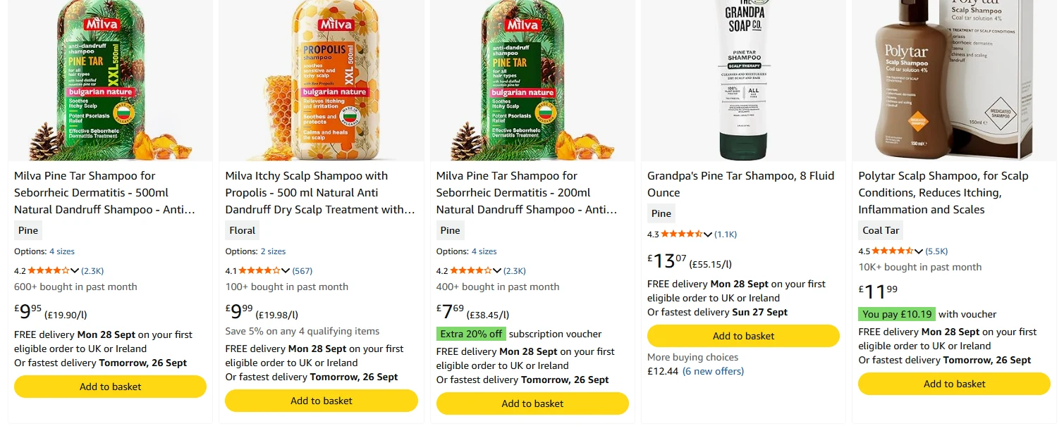 Milva in the first three organic results for “pine tar shampoo” on Amazon.co.uk