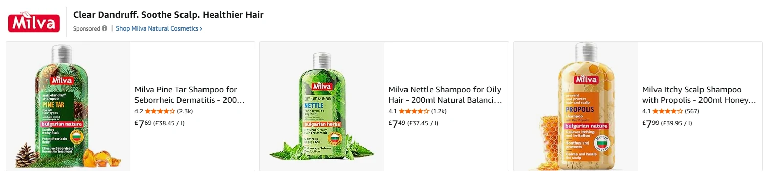 Milva's Sponsored Brands ad above the results for “pine tar shampoo” on Amazon.co.uk