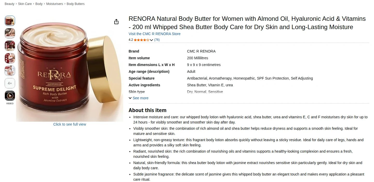 The RENORA Supreme Delight Body Butter listing on Amazon.de, September 2026