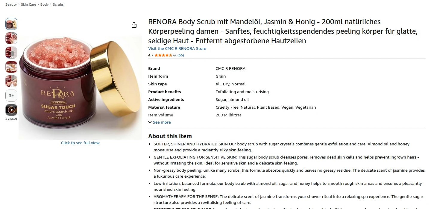 The RENORA Sugar Touch Body Scrub listing on Amazon.de, September 2026