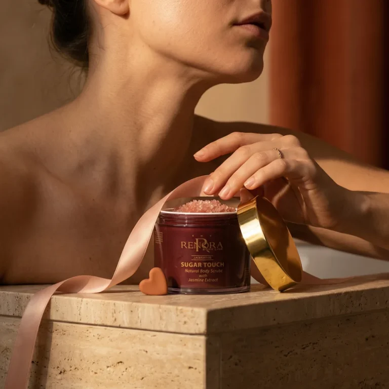 A woman opening a jar of RENORA Sugar Touch body scrub