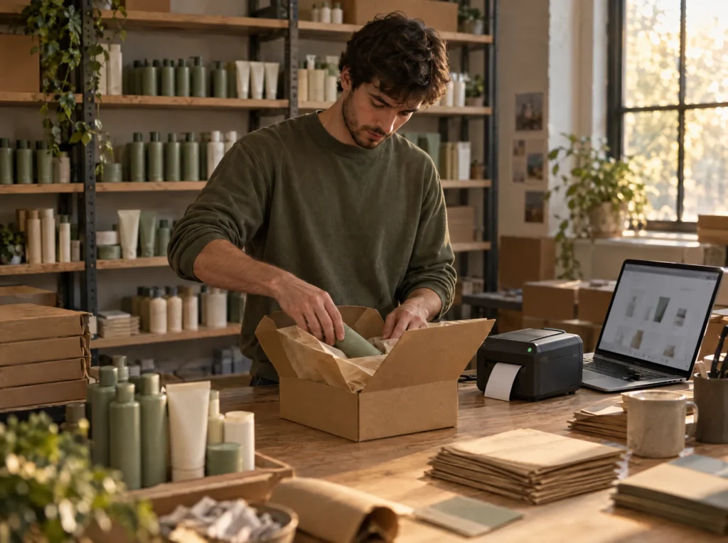 An online-store founder packing an order in his studio, shelves of his own products behind him