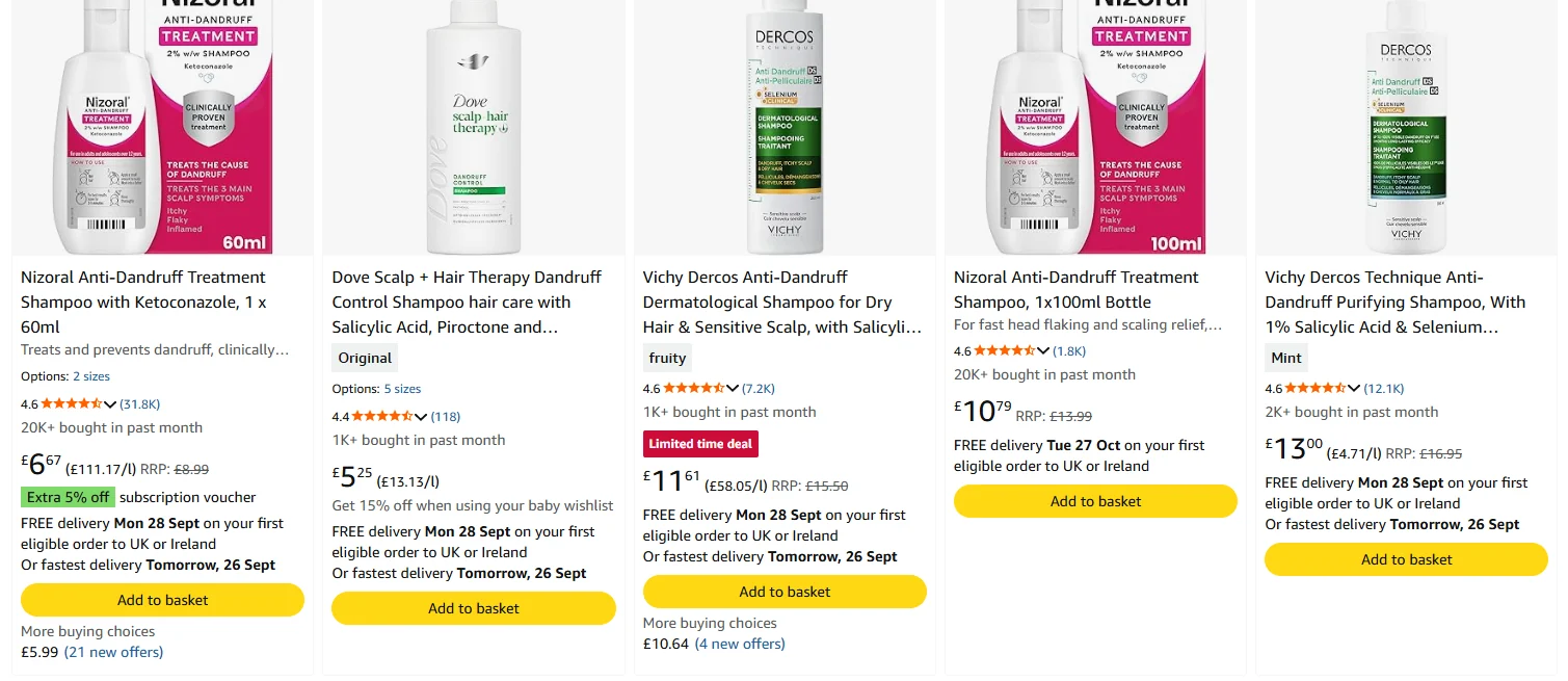 Page one of “anti dandruff shampoo” on Amazon.co.uk, led by household brands